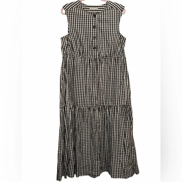 EVERLANE Black & White Gingham Tiered Midi Dress Sleeveless Cottagecore - Picture 2 of 5